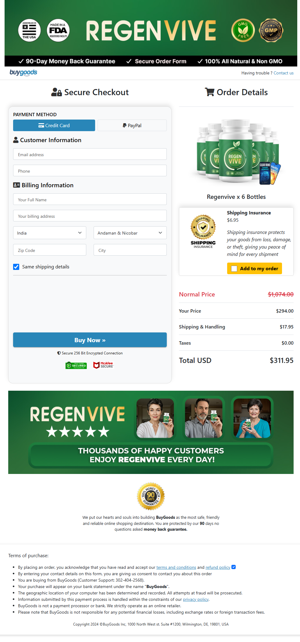 RegenVive Checkout Page